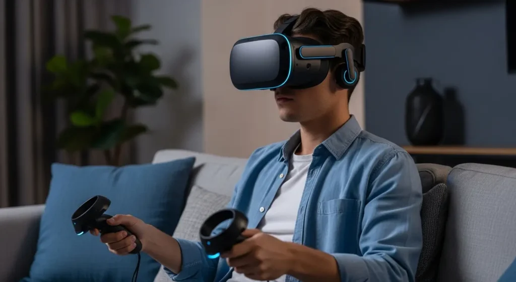 Person using VR technology for environmental education and awareness in a modern professional home.