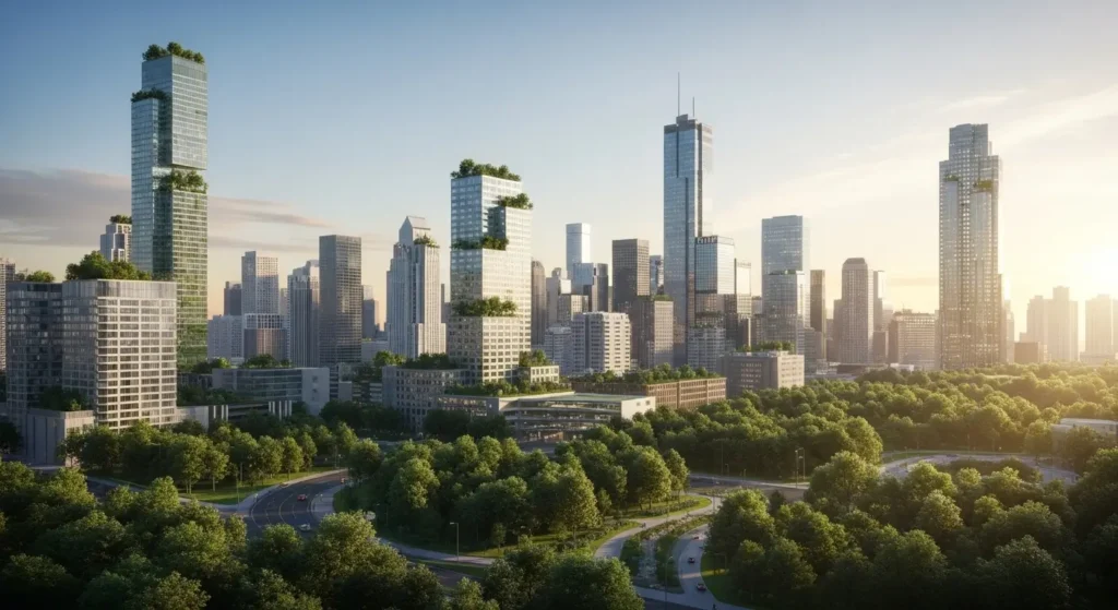 Visionary sunrise over a green-integrated city representing the future of environmental innovation.