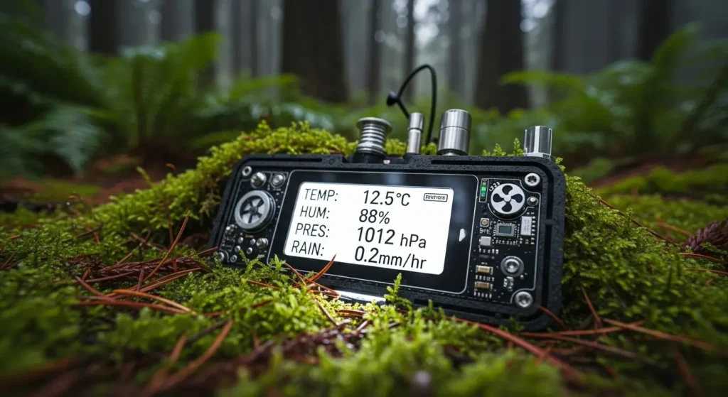 Close-up of a forest sensor reflecting the imperative need for environmental technology to monitor climate change.