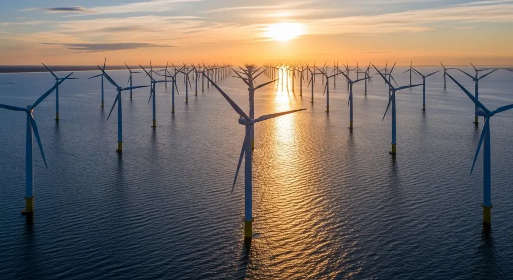 A wide aerial shot of a modern offshore wind farm showcasing global environmental innovation in technology.