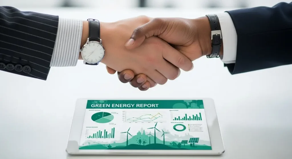 Professional handshake over a digital report symbolizing the commitment to environmental technology.