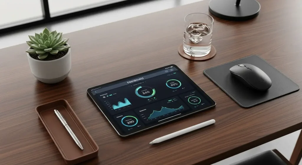 Professional workspace with digital tools for implementing an environmental innovation technology plan.