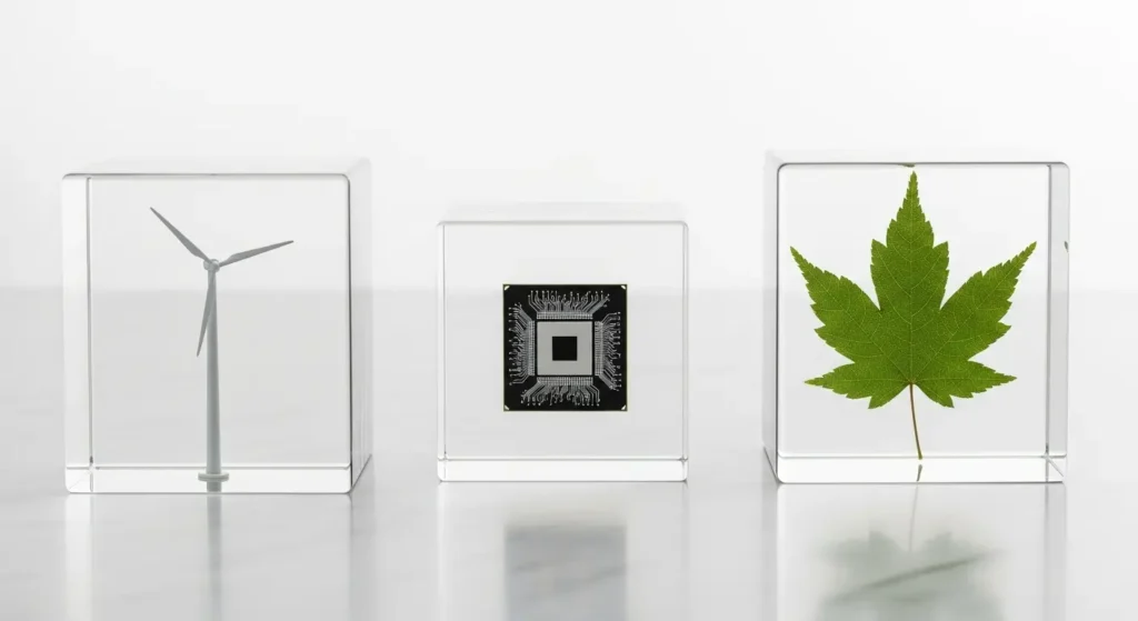 Minimalist conceptual shot comparing different environmental innovation strategies in a premium style.