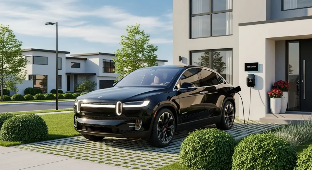 Premium electric vehicle charging at a modern home, highlighting individual environmental technology choices.