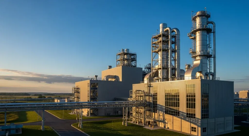 Modern industrial plant utilizing environmental emissions-capture technology for a cleaner atmosphere.