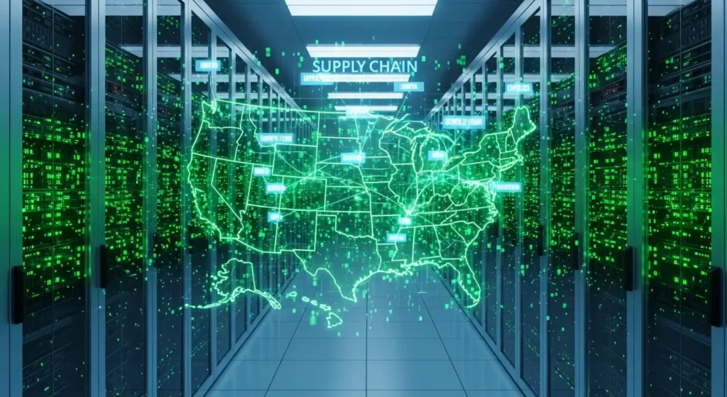 High-tech data center visualizing environmental supply chain management through advanced AI and digital tracking.