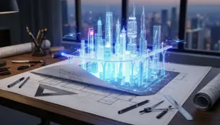 A blueprint transitioning into a digital model representing company technology strategy.