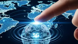 A hand interacting with a global network symbolizing Huawei tech growth.