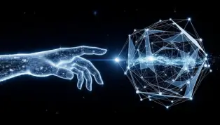 A conceptual 3D render of AI and human collaboration representing 2025 innovations.