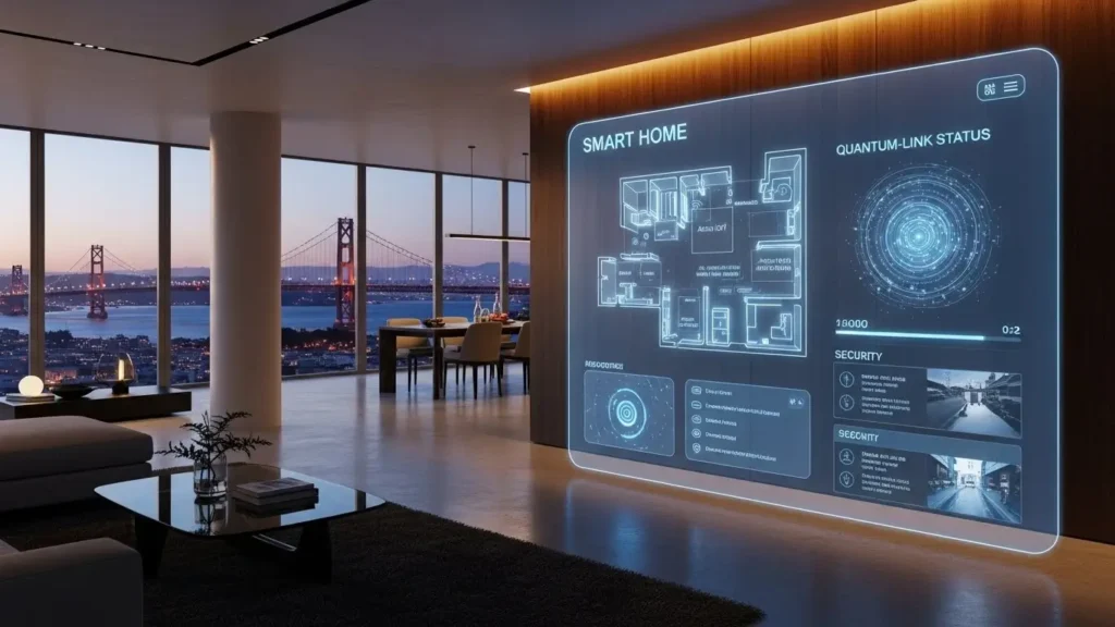 A visionary smart home interface showcases the future integration of generative AI with IoT and quantum tech.