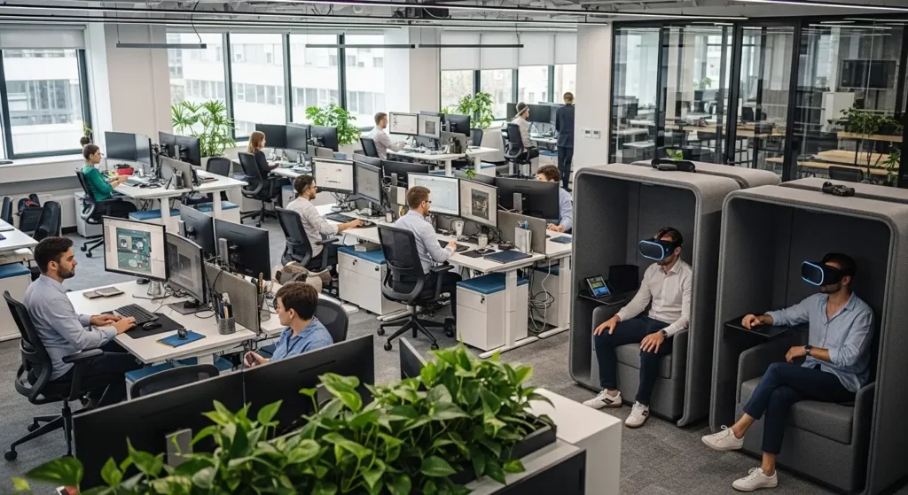 A modern business office featuring employees using virtual reality for collaborative work.