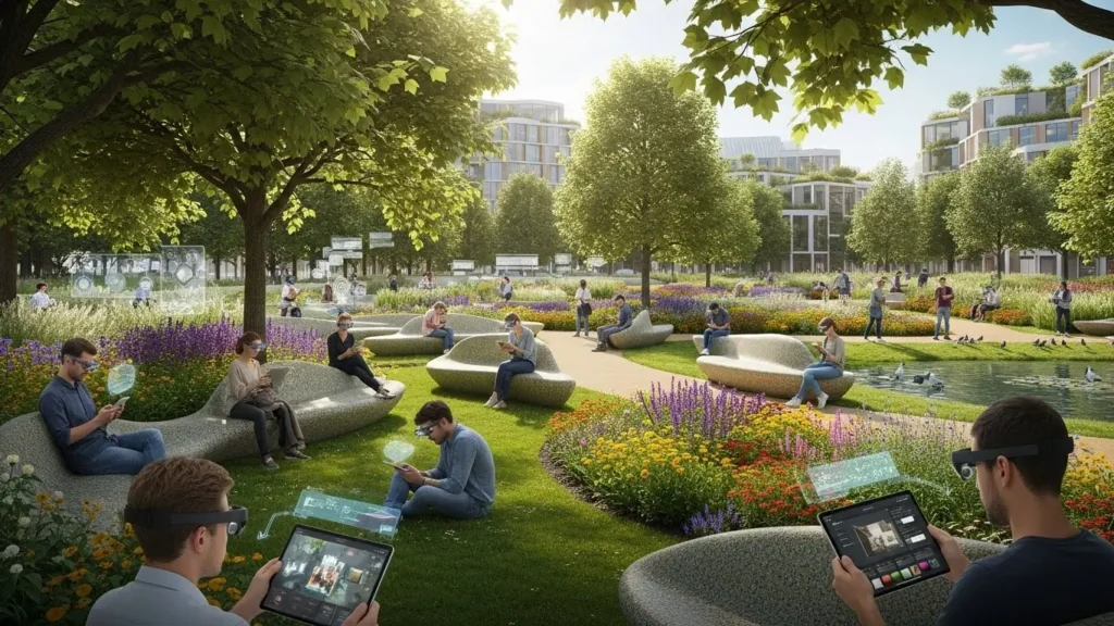 The seamless integration of future gadgets into daily life and urban environments.