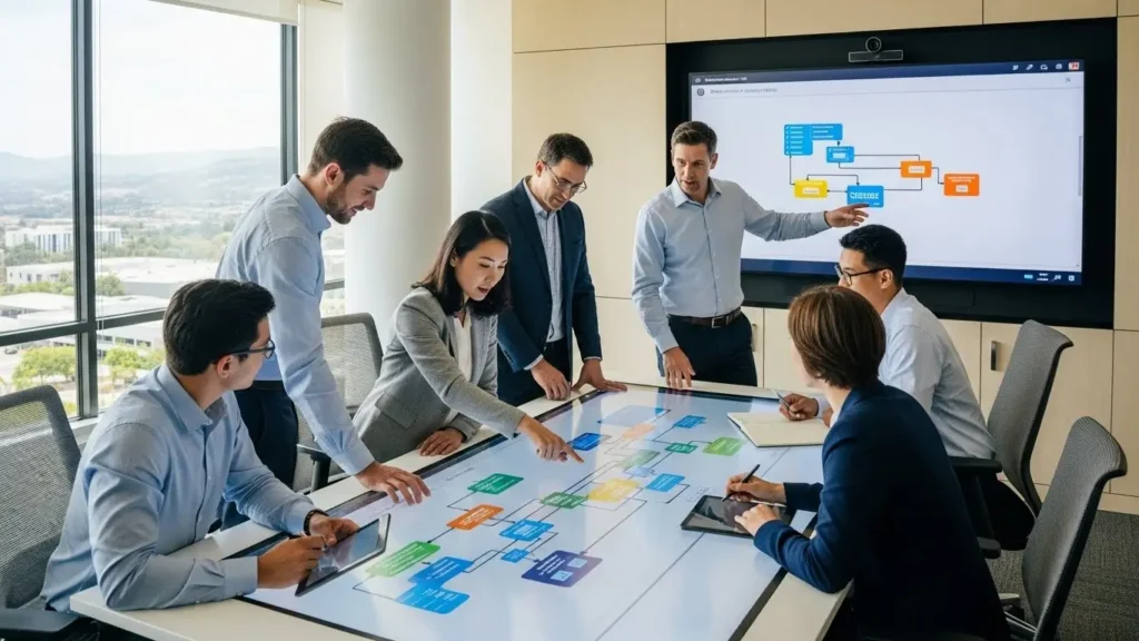 A professional team follows a strategic guide to implement generative technology within a corporate framework.