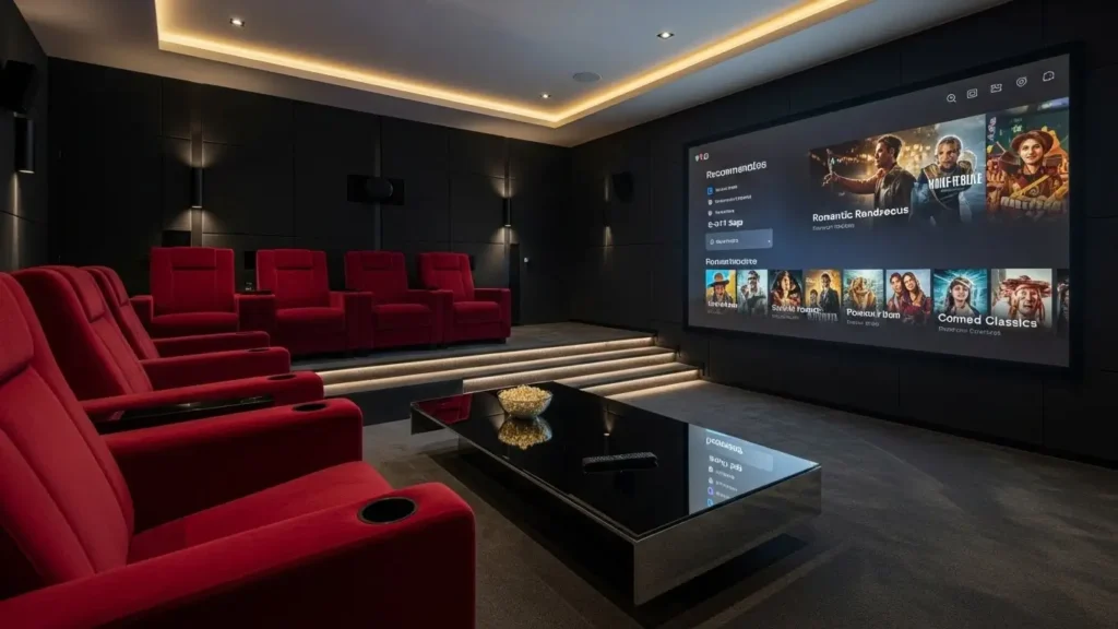 A premium home theater displays a generative recommendation interface for a personalized viewing experience.