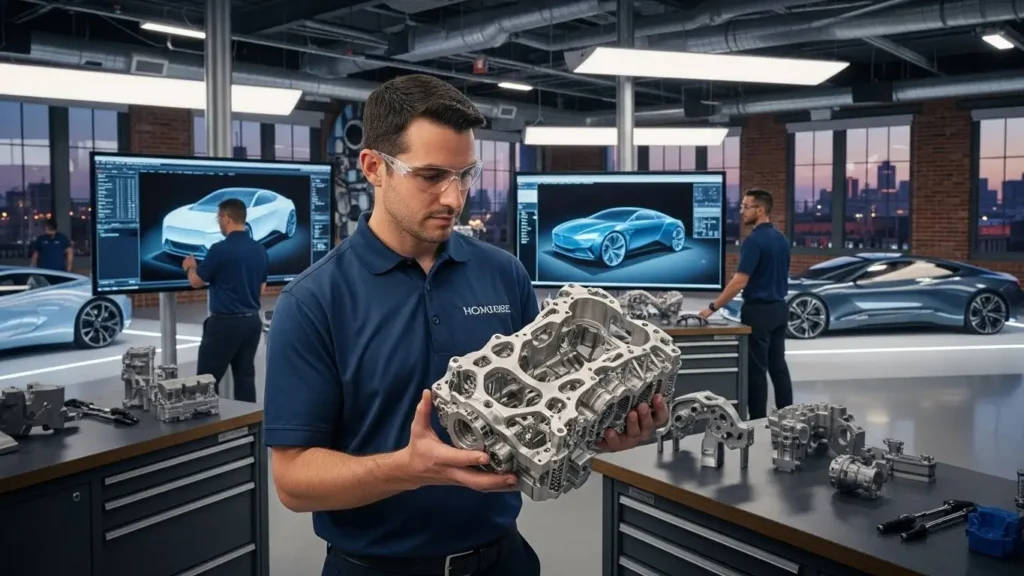 An engineer examines a lightweight automotive part created using generative design technology for peak performance.