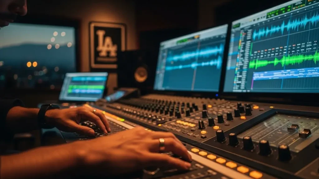 A sound engineer uses generative tools in a professional recording studio to edit high-fidelity audio.