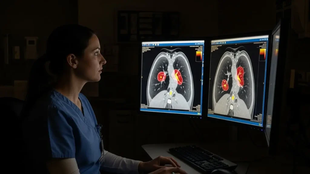 A radiologist reviews generative AI-enhanced medical scans to improve diagnostic accuracy in a US hospital.