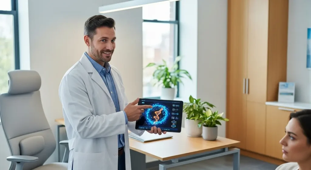 A healthcare professional reviewing precise data provided by a specialized AGI tool.