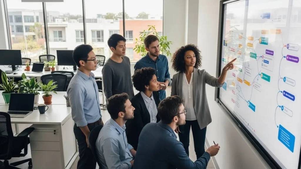 A team discussing the impact of artificial intelligence technology on professional computer use.
