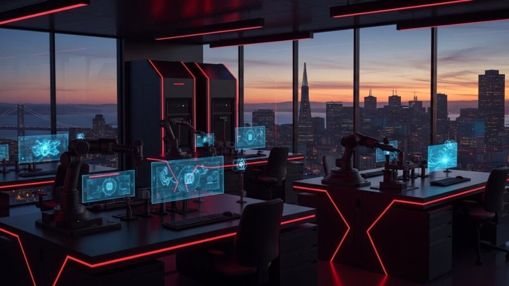 A futuristic high-tech research lab in the US showcasing current WIRED innovation trends.