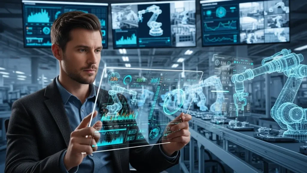 Professional using a tablet to monitor industrial innovations in a smart manufacturing facility.