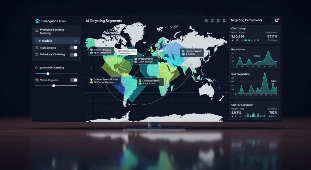 High-tech digital dashboard showing Instagram advertising audience segmentation and AI metrics.