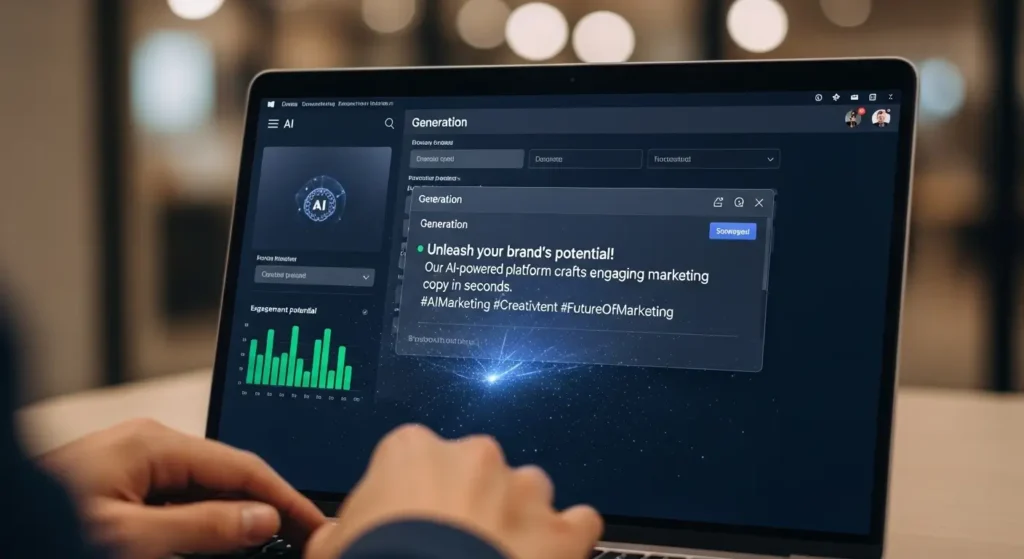 AI copywriting assistant generating an Instagram caption on a professional laptop screen.