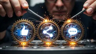 Precision tools adjusting mechanical gears shaped like Instagram icons to represent algorithm control.