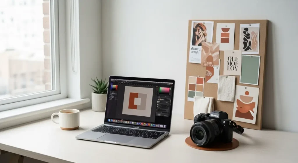 Minimalist workspace setup representing a professional Instagram brand identity and technology tools.