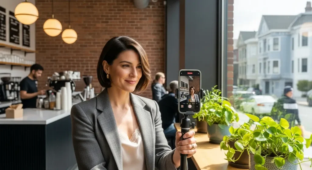 A content creator using a tripod to film engaging Instagram video content in a modern cafe.