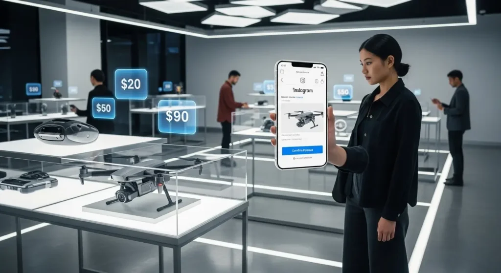 Futuristic retail environment featuring Instagram social commerce and mobile checkout technology.