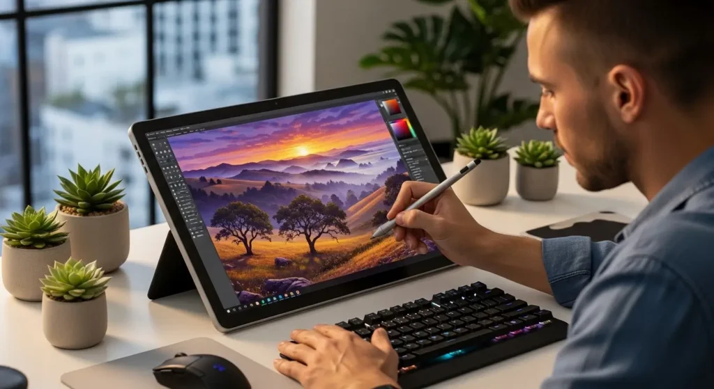 Creative professional using AI technology to edit high-quality Instagram images on a tablet.