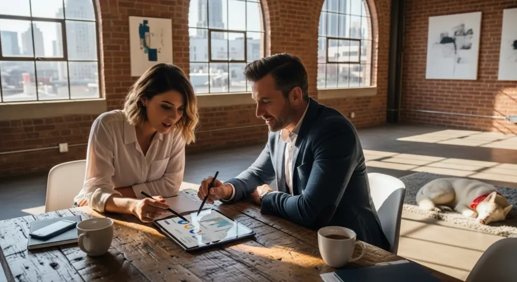 Influencer and manager collaborating on an Instagram marketing campaign using data on a tablet.