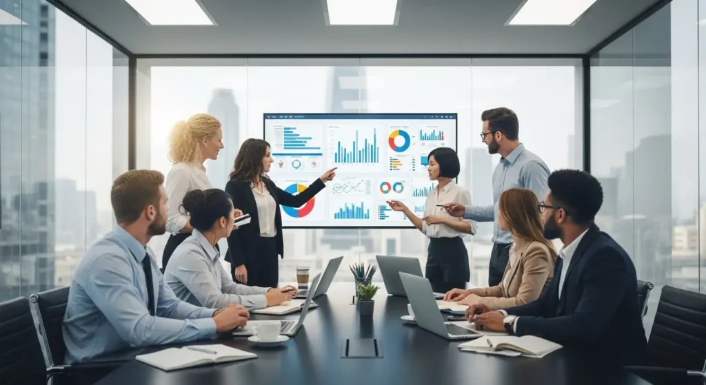 A diverse marketing team analyzing Instagram machine learning engagement metrics in a corporate setting.