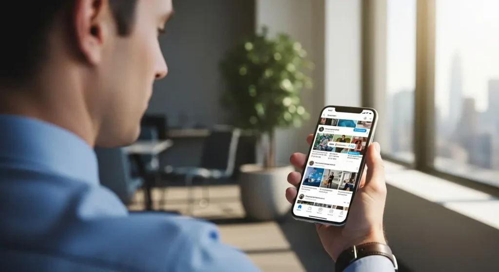 A professional holding a smartphone showing the Instagram interface in a modern high-end office.