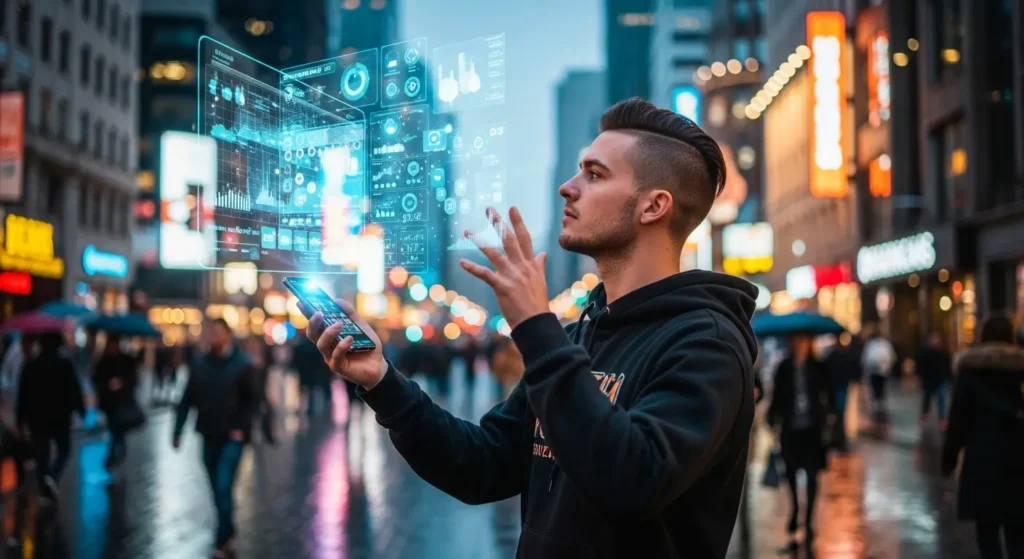 User interacting with advanced Instagram AR filters and technology on a smartphone in a city.