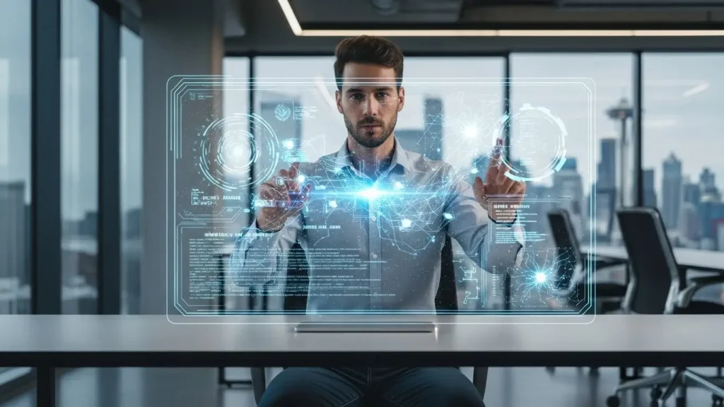 A professional using AI-powered intelligence technology for career success.