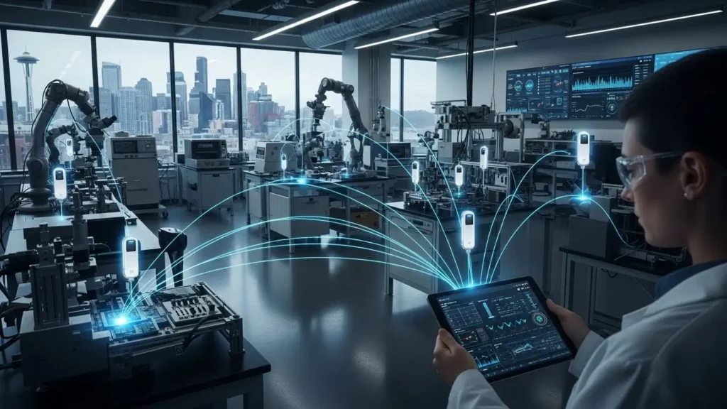 IoT technology sensors connected to a professional computer system for real-time data.