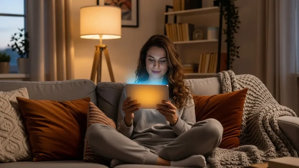 A woman reading on a device with a blue-light filter for mental health.