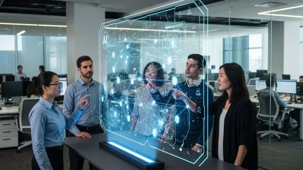 A wide view of a Microsoft innovation center featuring holographic AI and quantum technology displays.