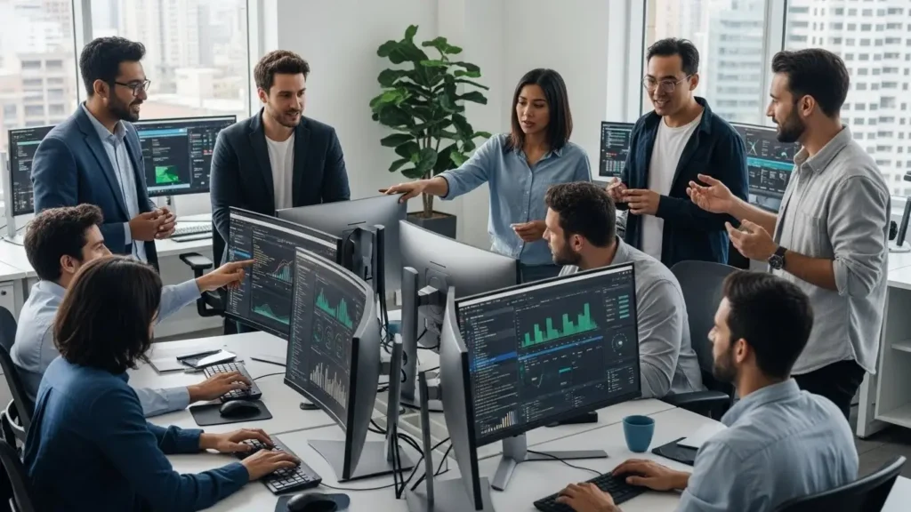 Developers in a modern office working with Microsoft Azure Machine Learning technology dashboards.