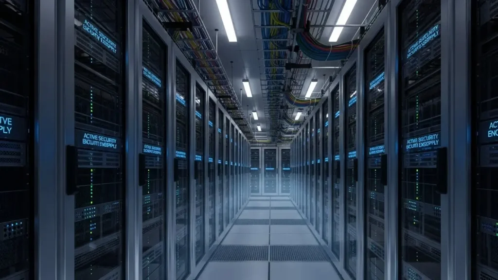Secure enterprise data center racks representing Microsoft Azure cloud technology and encryption.