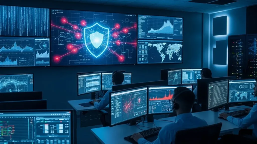 A security operations center using Microsoft cybersecurity technology to defend against digital threats.