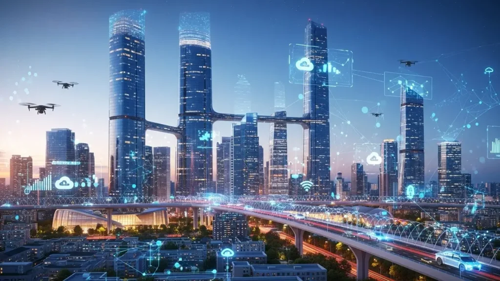 A futuristic city skyline representing the long-term impact of Microsoft technology innovations.