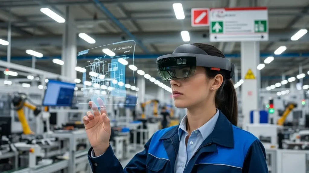 An engineer using Microsoft HoloLens mixed reality technology to view 3D holographic schematics.