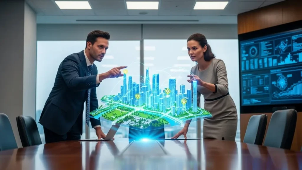 Professionals collaborating on a 3D model using Microsoft mixed reality technology.