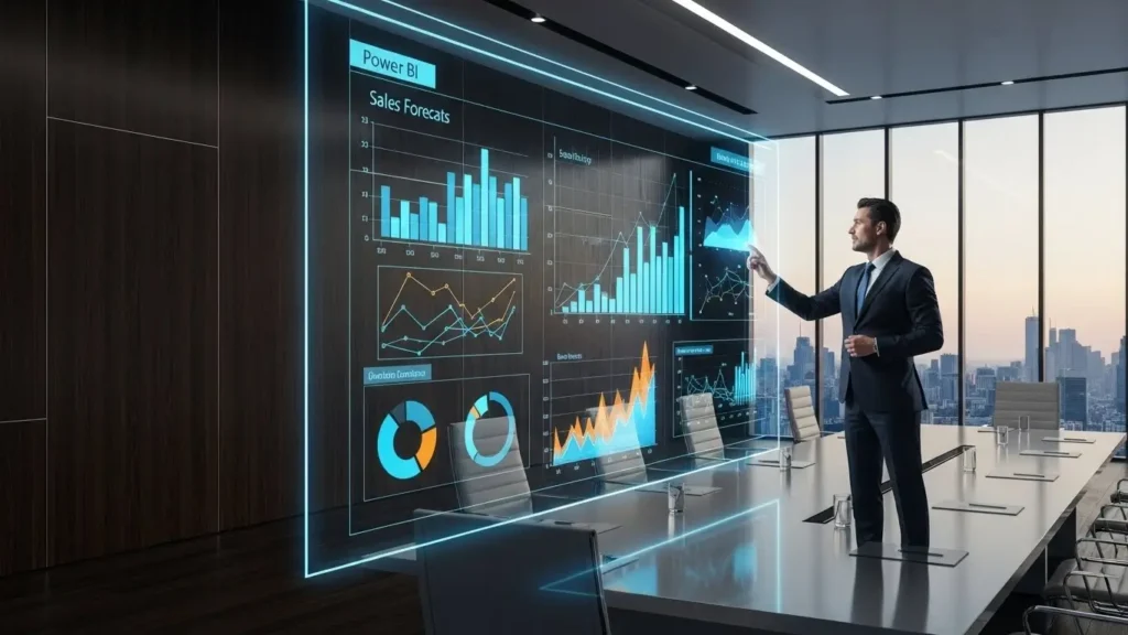 A business professional using Microsoft Power BI AI technology for data-backed sales forecasting.