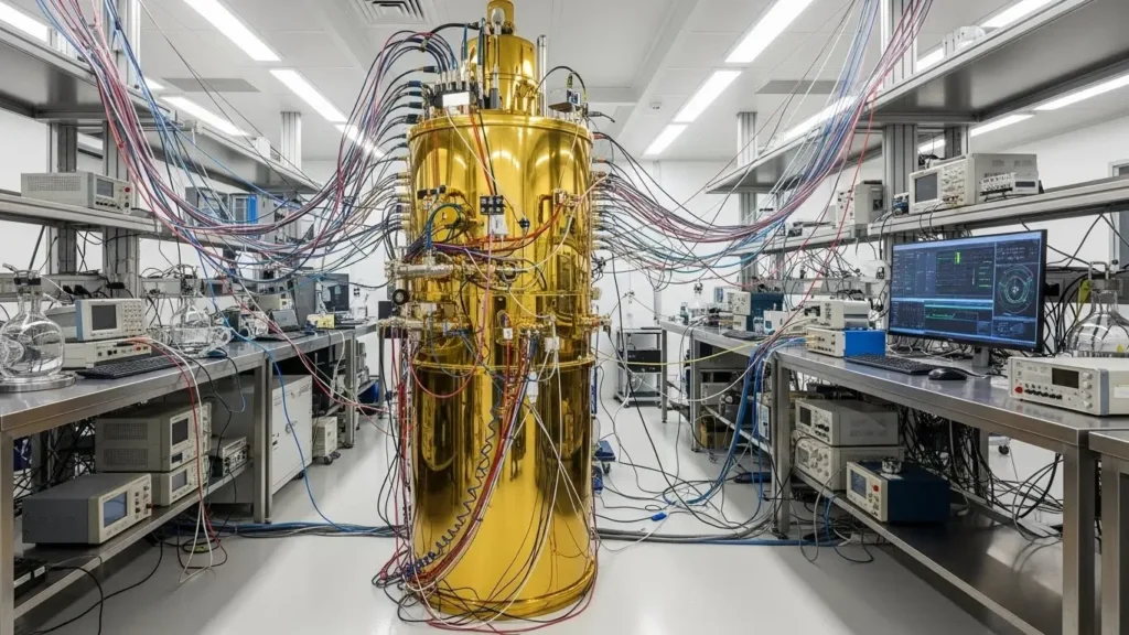 A scientific laboratory featuring the hardware used in Microsoft quantum computing technology.