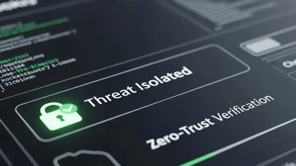 A digital interface showing zero-trust security protocols within the Microsoft Defender technology stack.