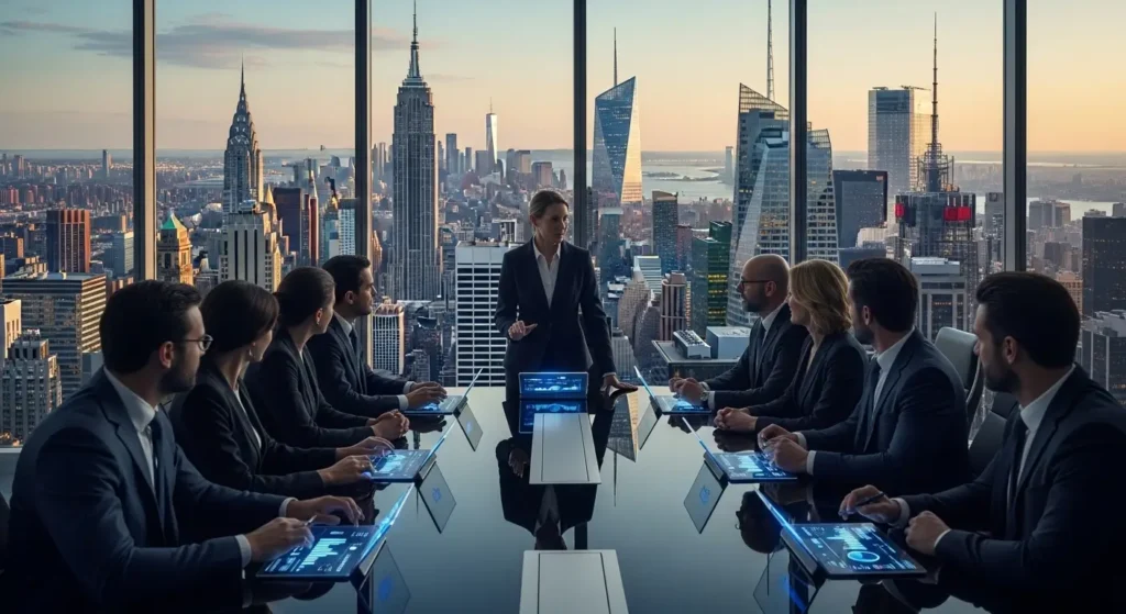 A high-end 2025 business boardroom in a New York skyscraper showing professional executives.